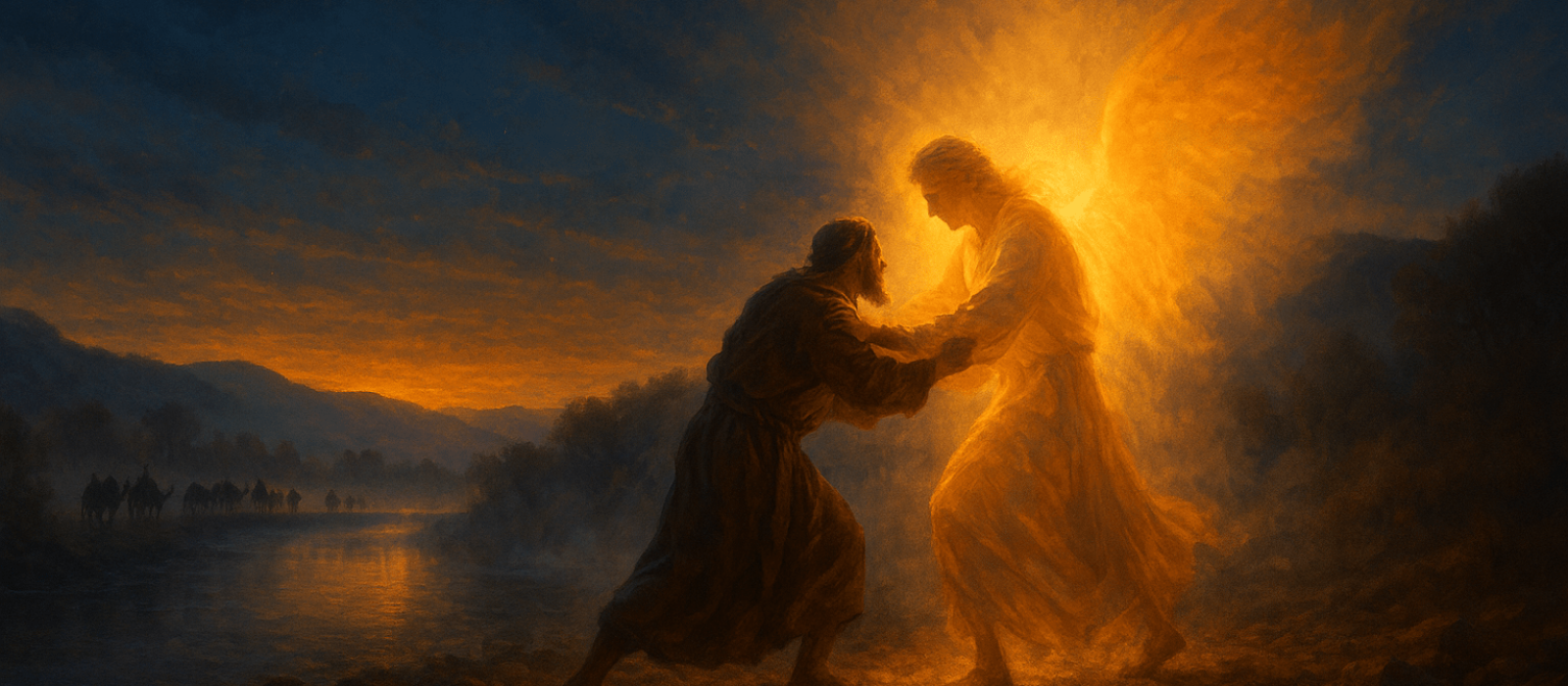 Jacob wrestles a radiant messenger at dawn by the Yabok River as Esau’s caravan approaches in the distance.