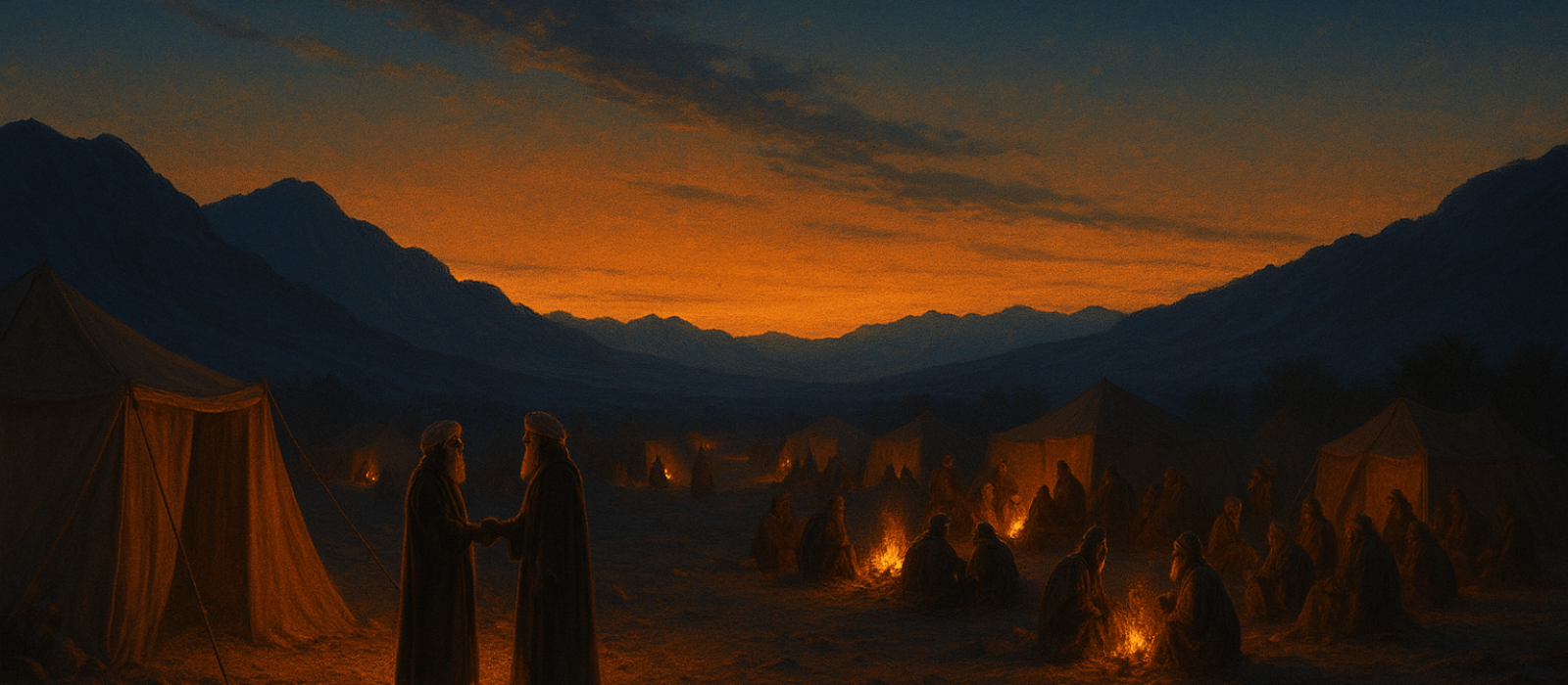 Moses welcomes Jethro at a Sinai camp as elders gather for wise counsel at twilight.