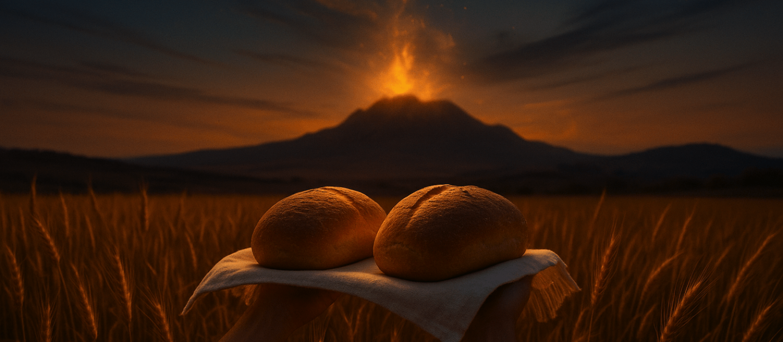Two leavened loaves lifted over golden wheat at Shavuot twilight with hints of wind and fire.