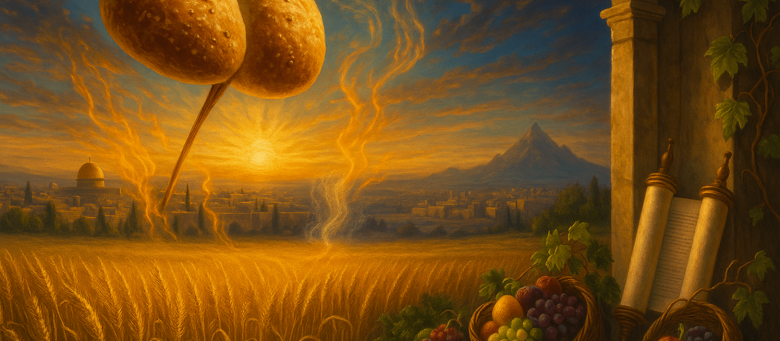 Two leavened Shavuot loaves lifted above a golden wheat field with hints of Sinai wind and fire at dawn