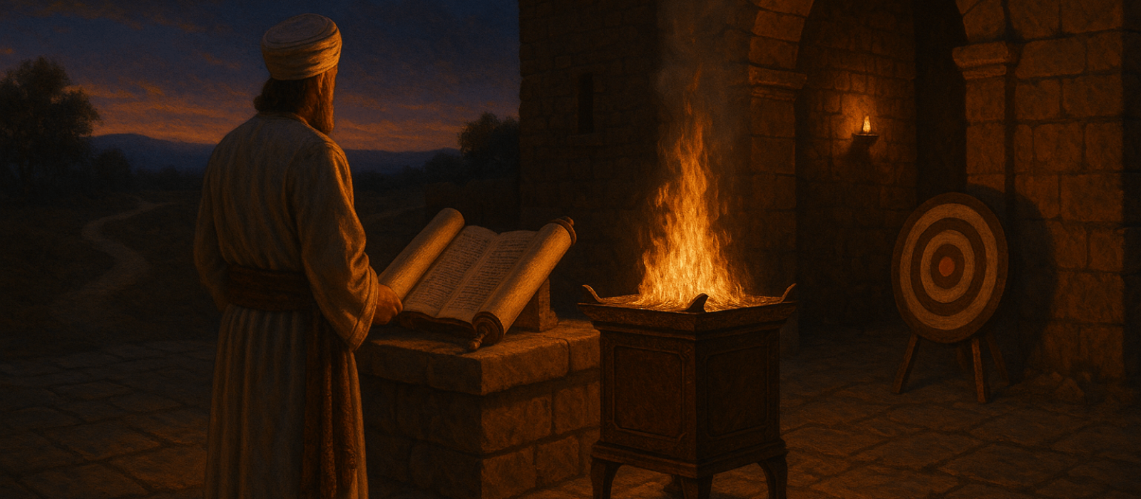Priest before an altar at twilight, open Torah scroll and off-center target symbolizing “missing the mark,” with twin paths for Jacob and Esau.