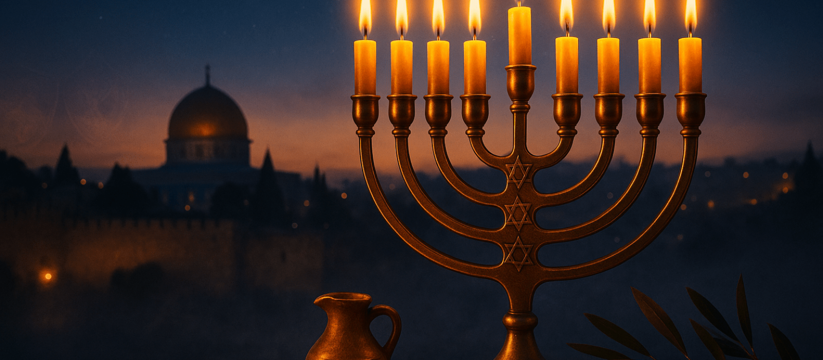 Chanukiyah glowing at Jerusalem twilight with olive oil cruse and branches, symbolizing Temple rededication and hope.