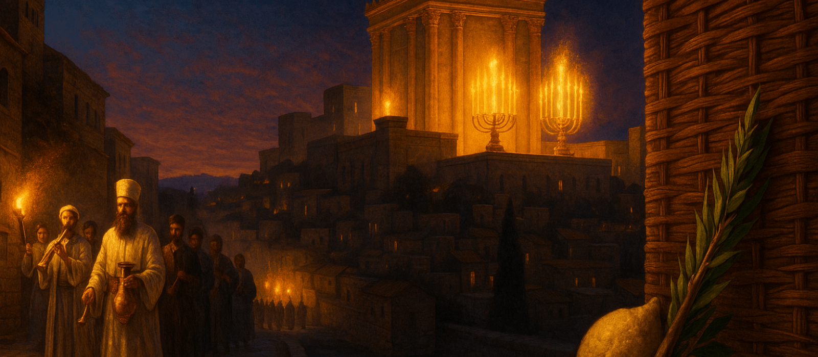 Sukkot water-drawing procession near the Pool of Siloam and the Temple aglow with towering candelabras at autumn twilight.