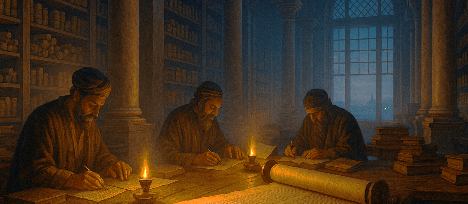 Ancient Library of Alexandria at dusk with Jewish scribes translating the Torah into Greek by lamplight.