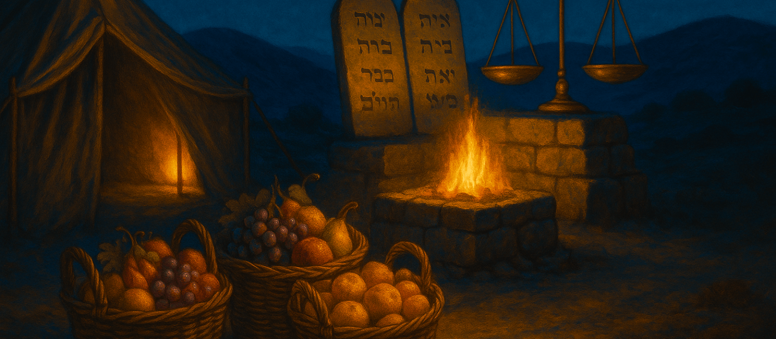 Text: Winter Shevat evening with firstfruits near a desert tent and altar, golden lamplight against an indigo sky, symbolizing Mishpatim’s call to give.