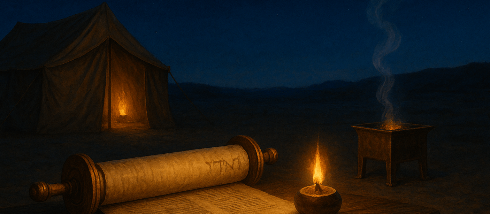 Desert tent at dusk with Torah scroll and small altar, lamplight glowing as gentle smoke rises into an indigo Adar sky.