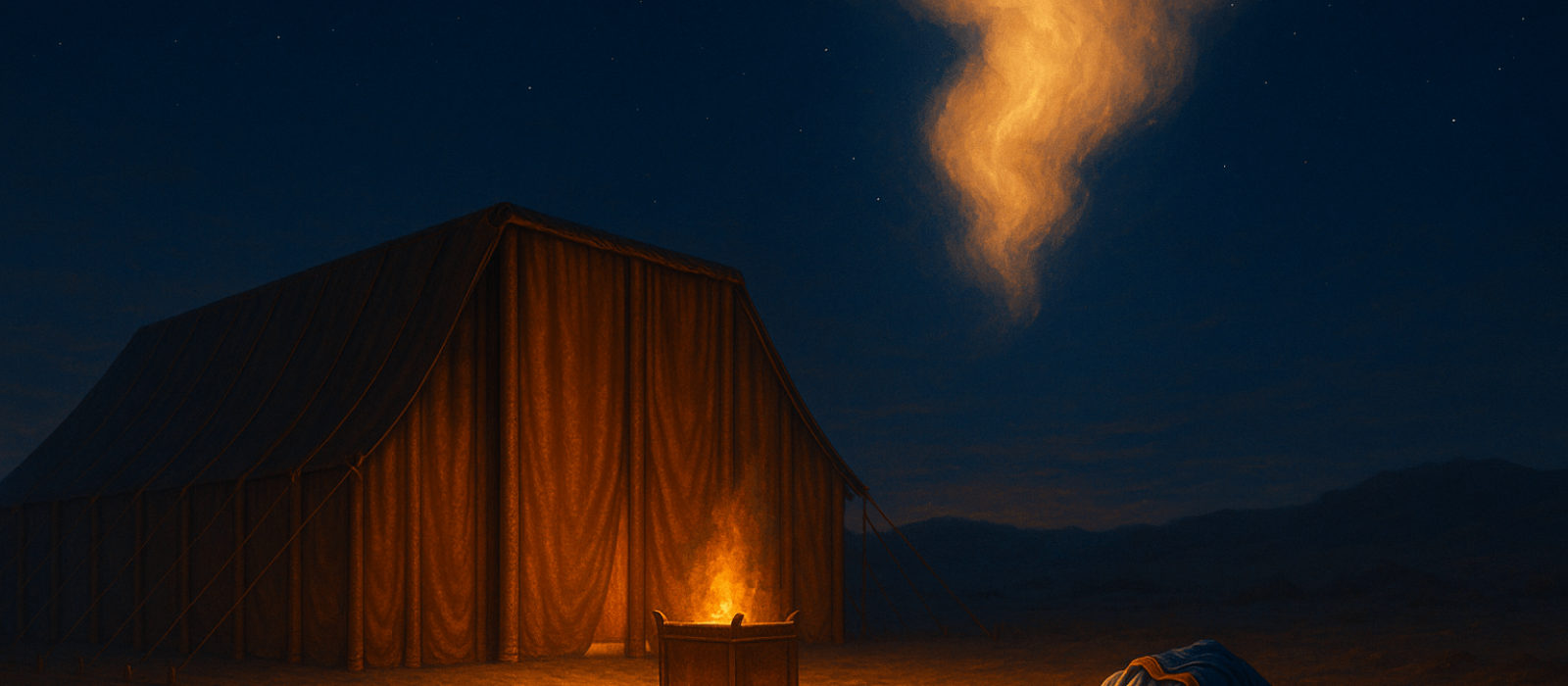 Glory cloud descends on the newly completed Mishkan at twilight
