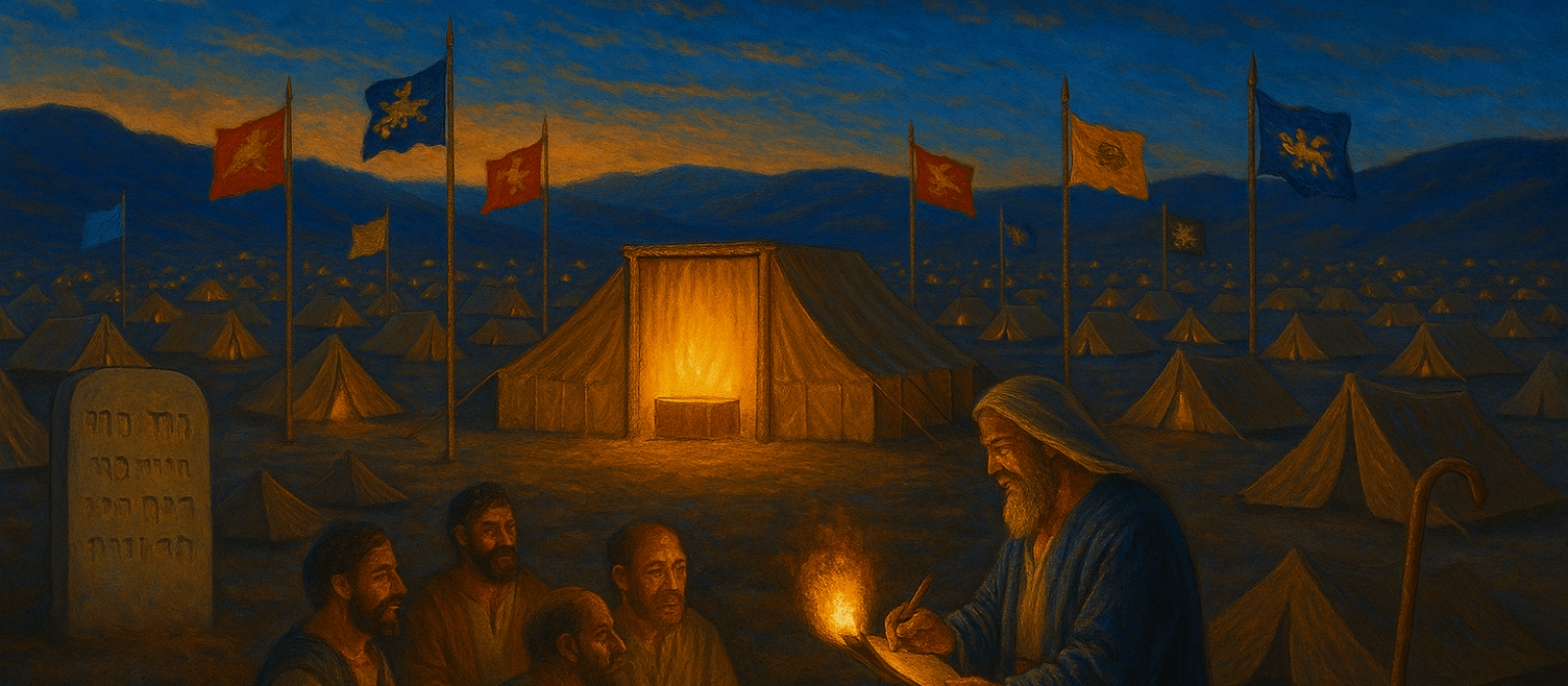 Wilderness camp of Israel at dusk with tribal banners encircling the Tabernacle, families gathered for a census by torchlight.