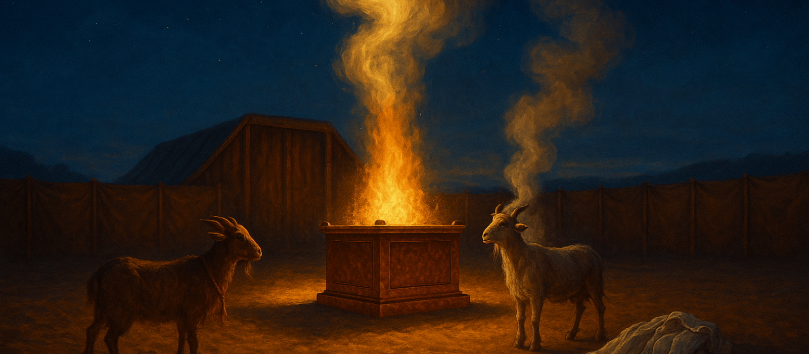Spring twilight at the Mishkan with two goats for Yom Kippur, altar fire glowing, and a glory-cloud descending.