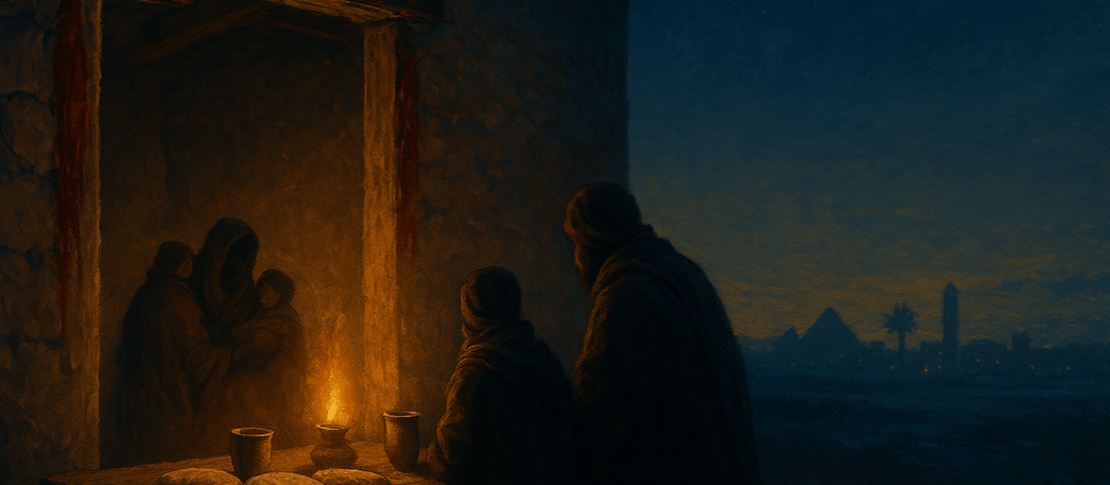 Passover night in Goshen—blood-marked doorposts, unleavened bread and cups of wine on a low table, warm lamplight against an indigo sky.
