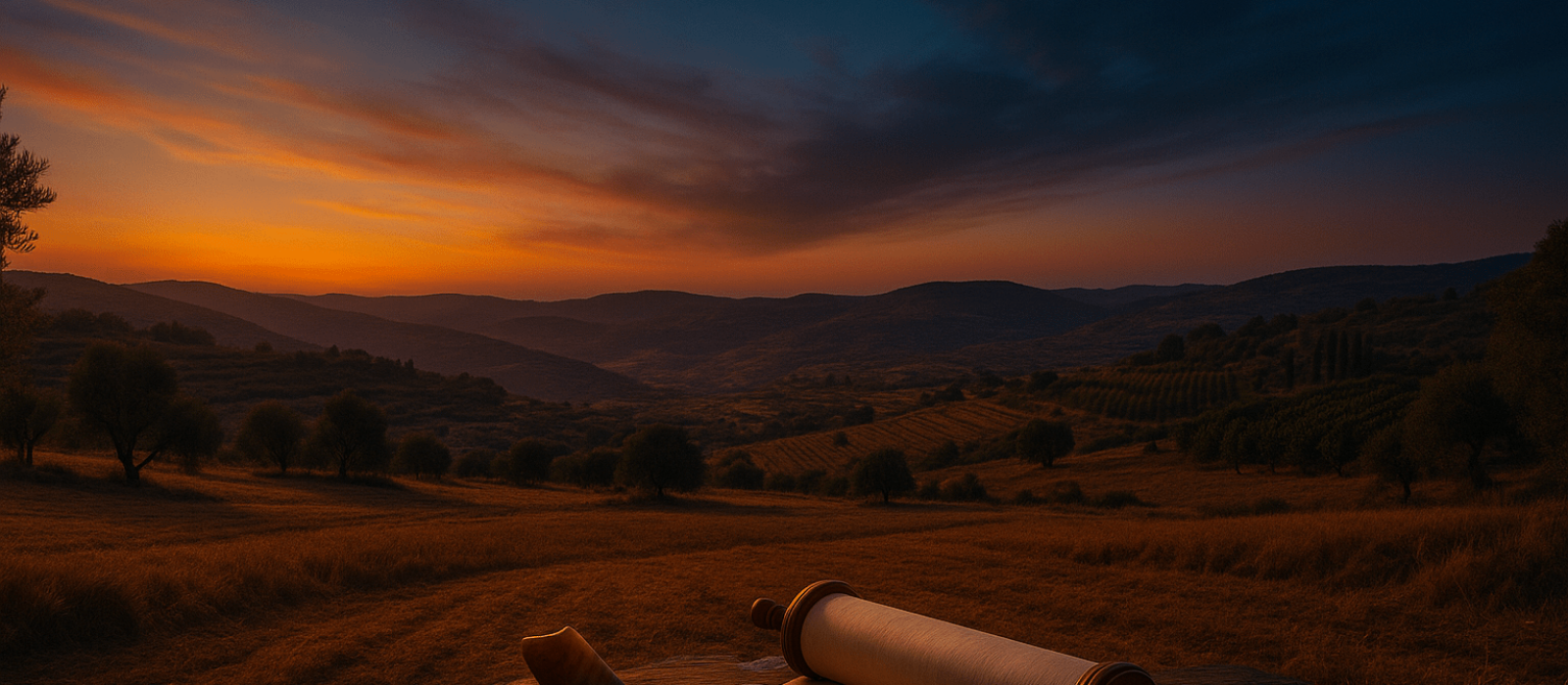 Judean hills at twilight with fallow fields, a shofar, and a closed Torah scroll symbolizing Shabbat, Sh’mittah, and Jubilee.