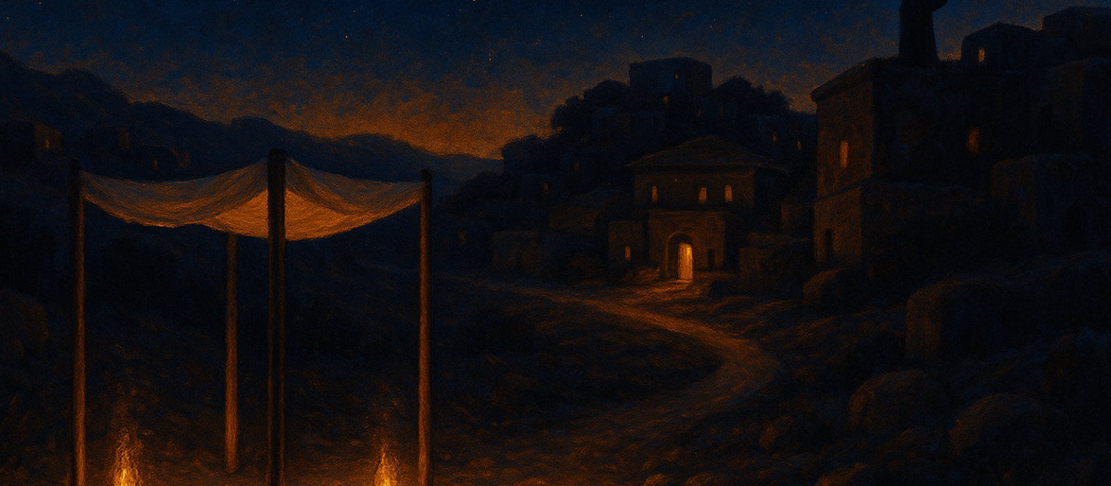 Bridegroom procession at twilight with chuppah and shofar in ancient Judea