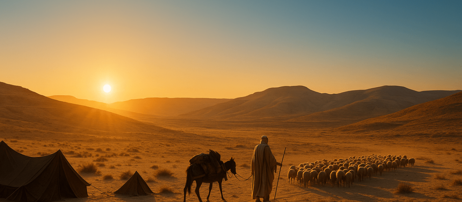 Abraham leads a caravan through dawn desert hills, symbolizing courageous faith and covenant promise.