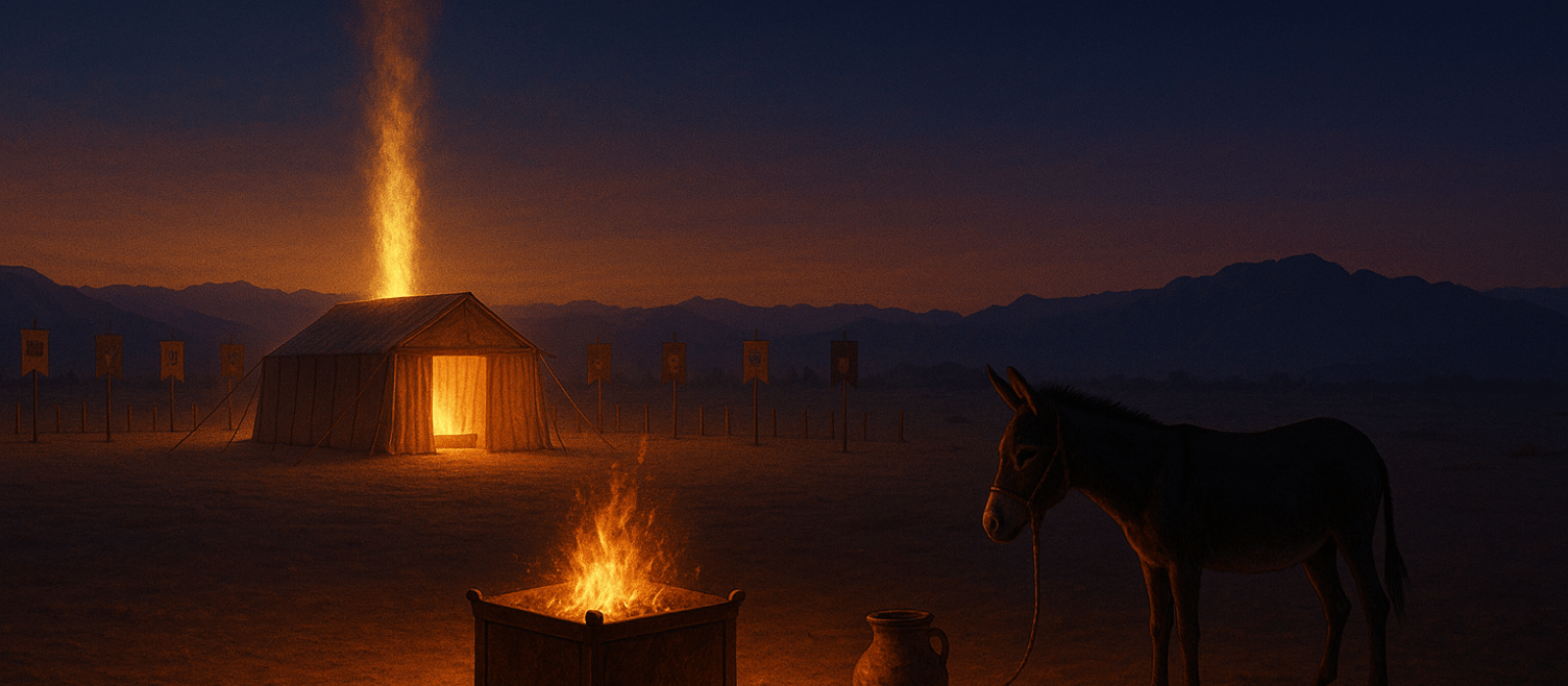 Mishkan at the camp’s center at Adar/Nisan twilight, altar fire glowing, priestly garments folded, bread and water set beside a tethered donkey.