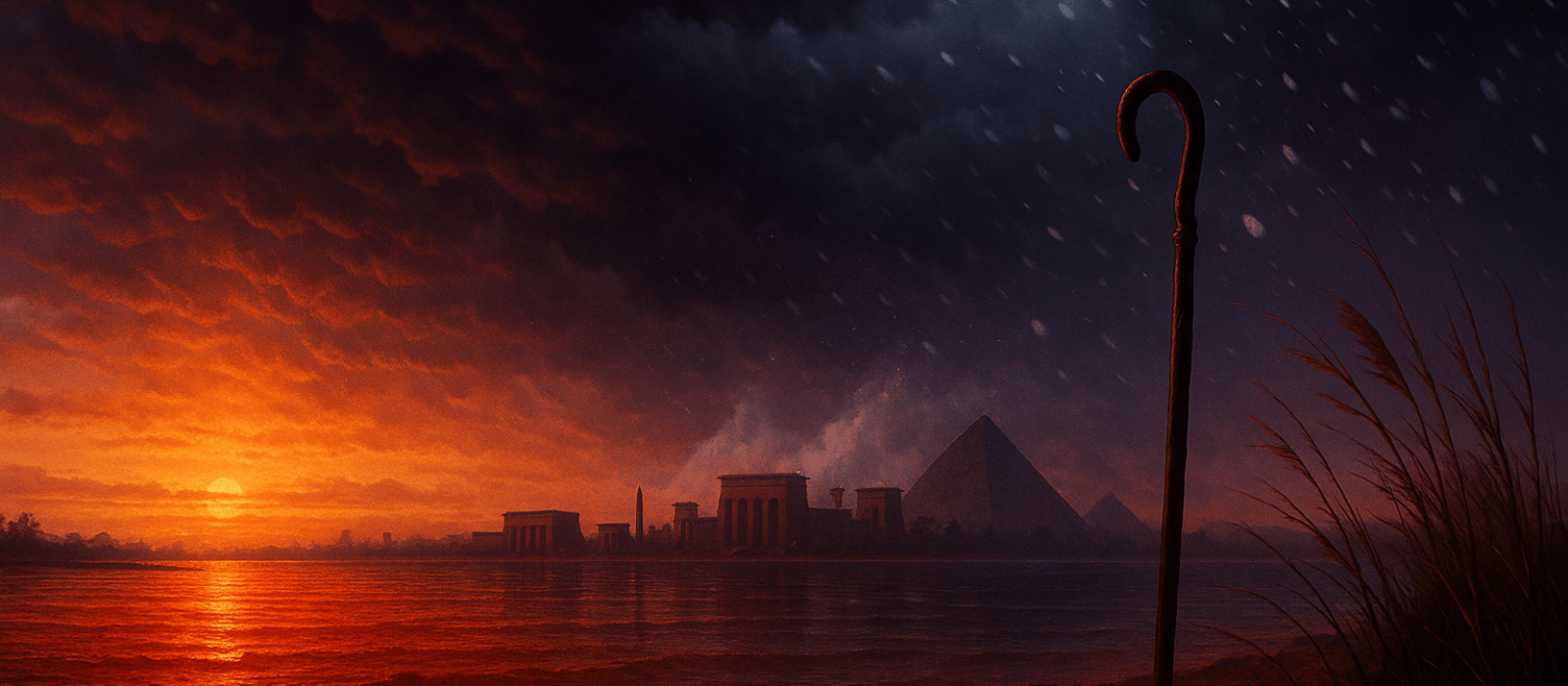 Winter twilight over the Nile turned to blood as hail clouds gather above Egyptian temples, with Moses’ staff silhouetted by reeds.
