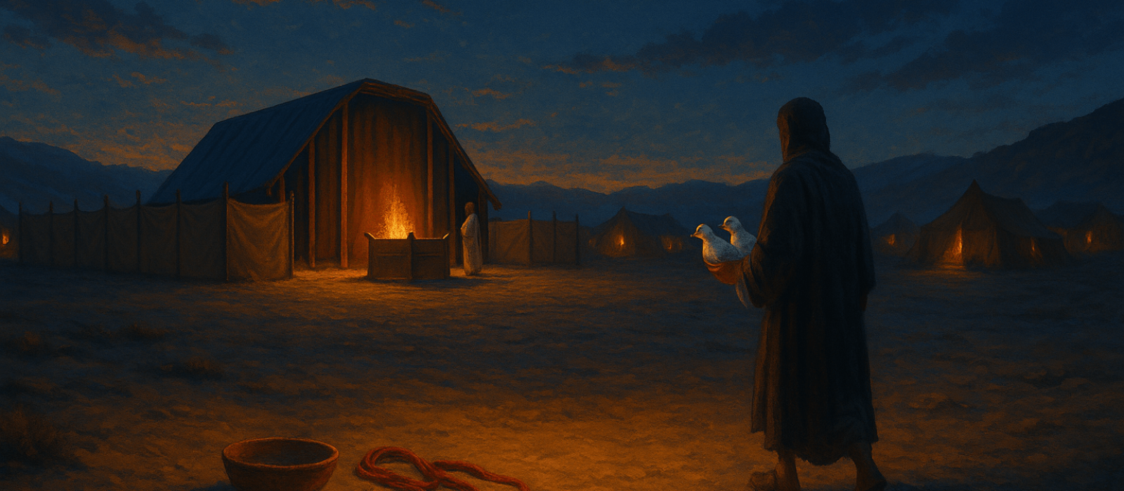 led metzora brings offerings at twilight near the Mishkan, symbols of cleansing beside the altar.