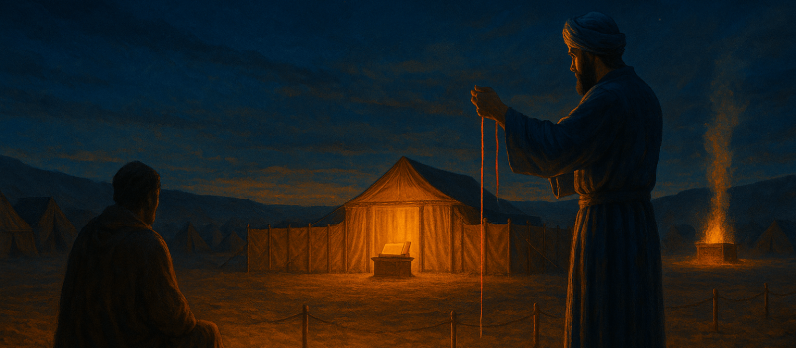 Metzora sits beyond Israel’s camp at Iyyar twilight as a priest examines with a scarlet cord; Mishkan glows in the distance with altar smoke.