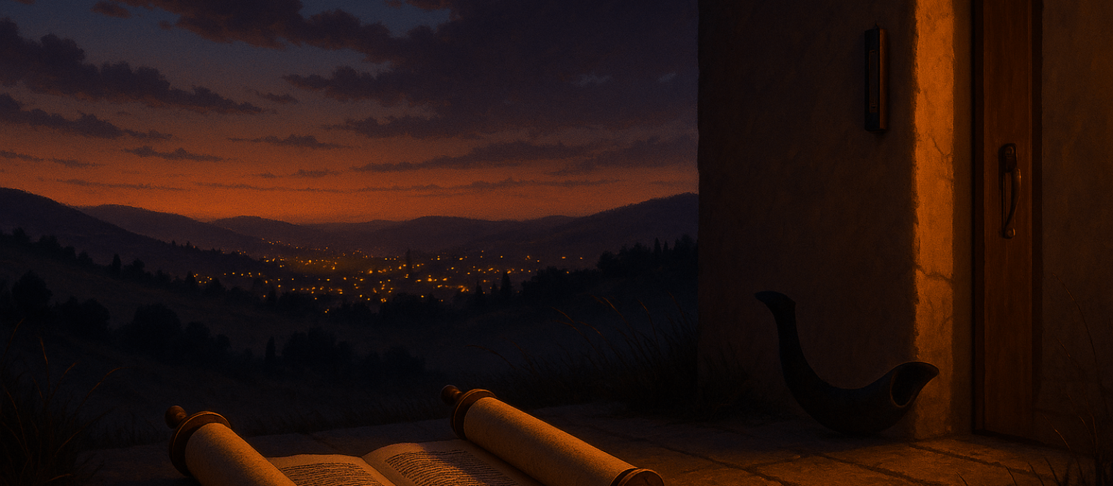 Shabbat Nachamu twilight with open Torah and mezuzah, a shofar silhouette, and Jerusalem’s distant glow symbolizing comfort and remembrance.