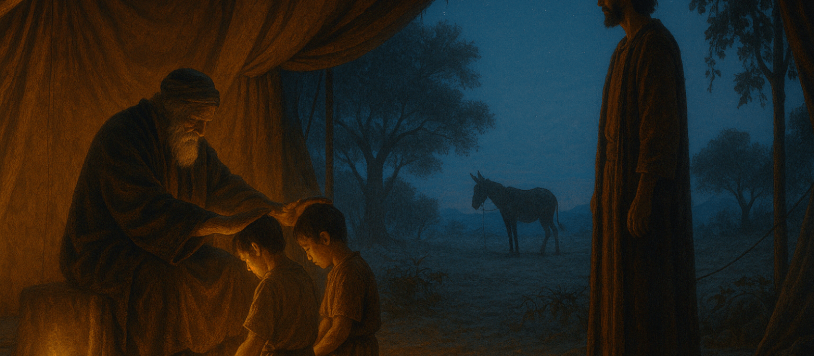 Jacob crosses his hands to bless Ephraim and Manasseh at winter twilight, lamplight glowing in an ancient Near Eastern tent.