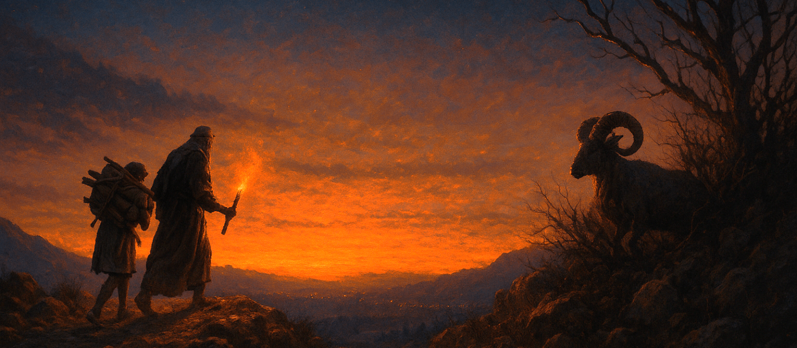 Abraham and Isaac ascending Mount Moriah at autumn twilight with a ram in a thicket, wood on Isaac’s back, and a distant ridge below.