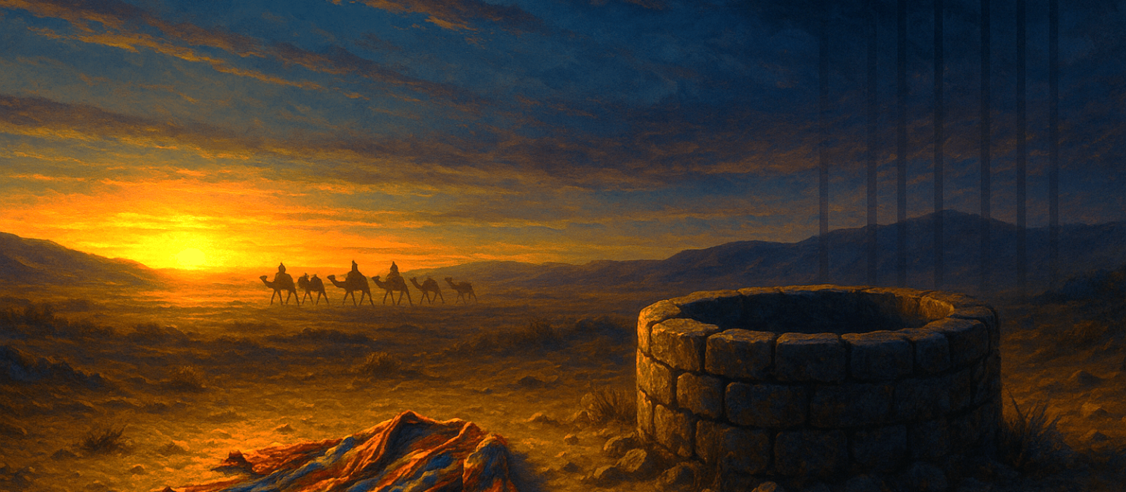 Abraham and Isaac ascending Mount Moriah at autumn twilight with a ram in a thicket, wood on Isaac’s back, and a distant ridge below.