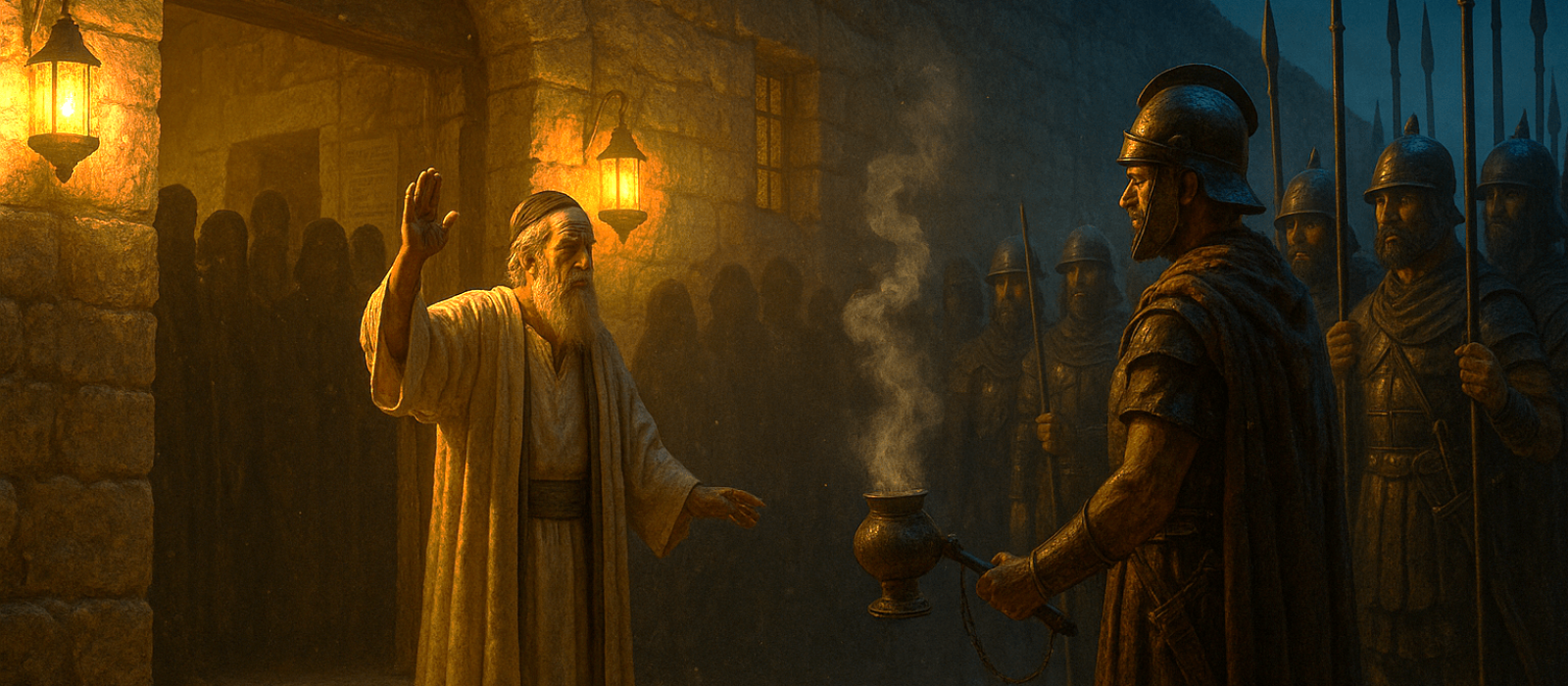Mattathias refuses a Seleucid incense offering at the synagogue door in Modi’in as townspeople crowd behind him.