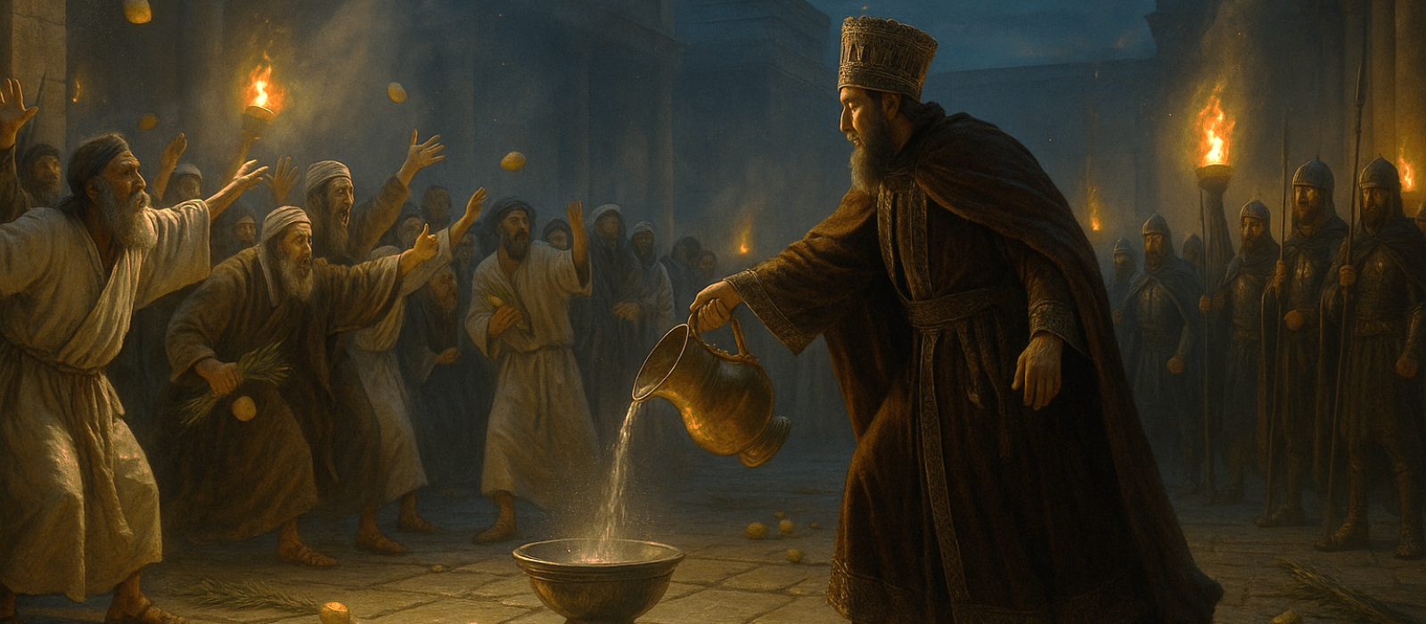Temple courtyard at Sukkot as Jannaeus pours the libation onto the stones while Pharisees throw etrogs and guards advance.