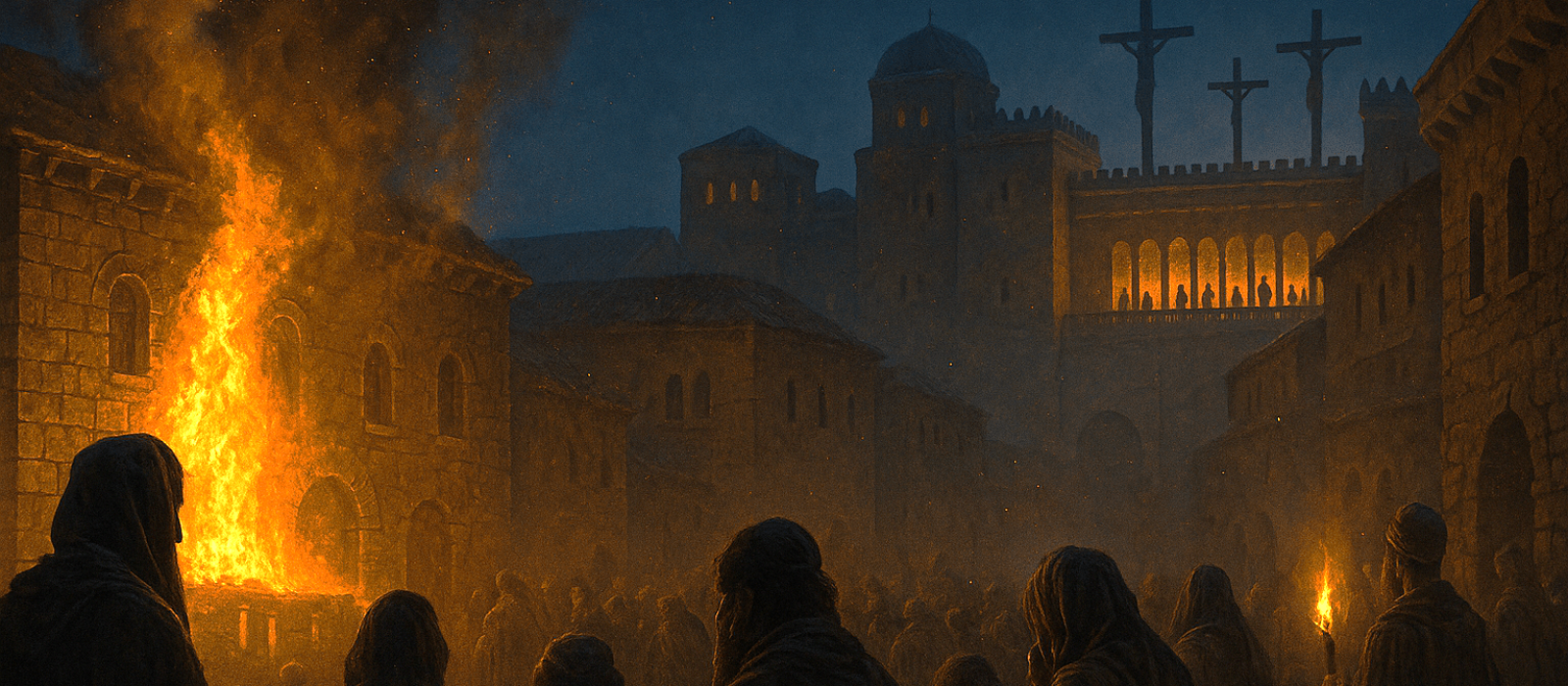 Nighttime Jerusalem under Jannaeus—burning Sadducean archive and distant crucifixes beneath an indigo sky.