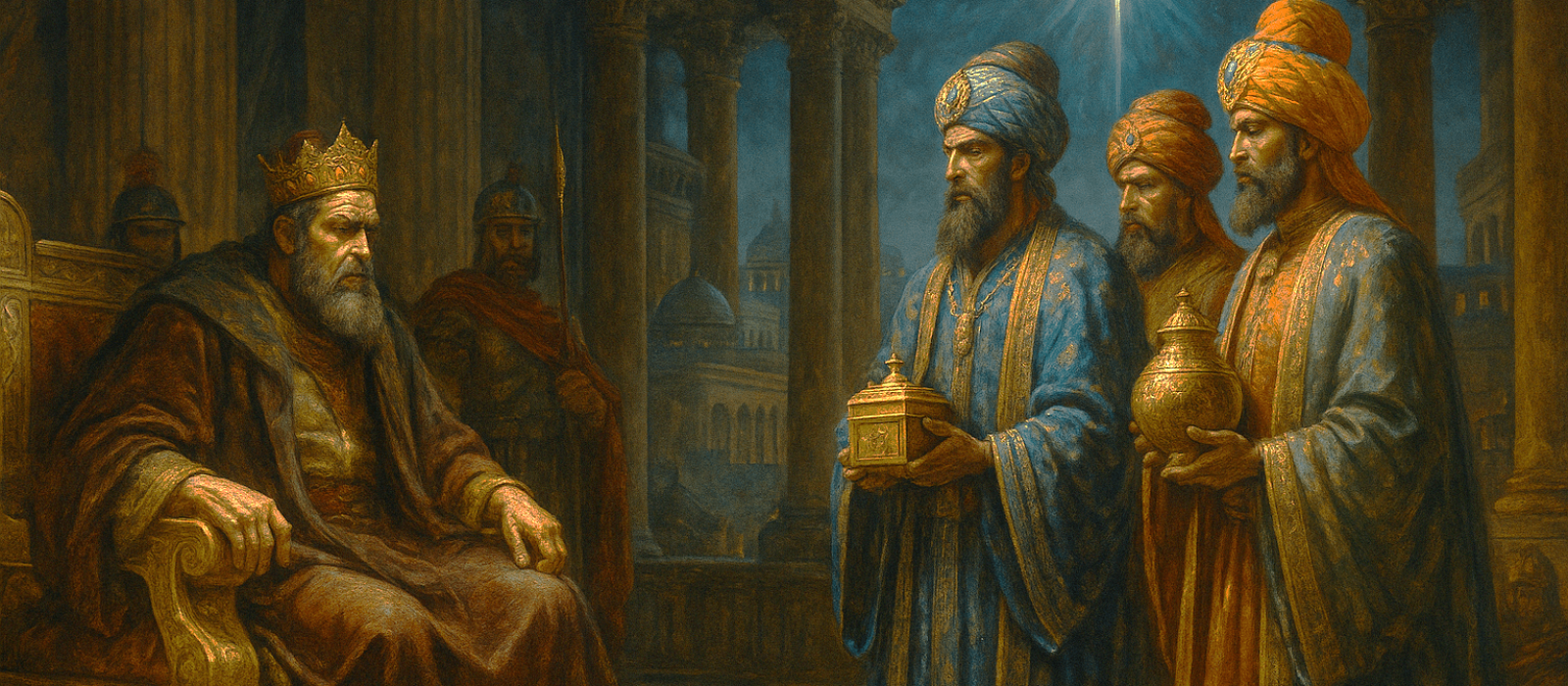 King Herod confronts the Magi in his palace as a bright star shines over ancient Jerusalem.