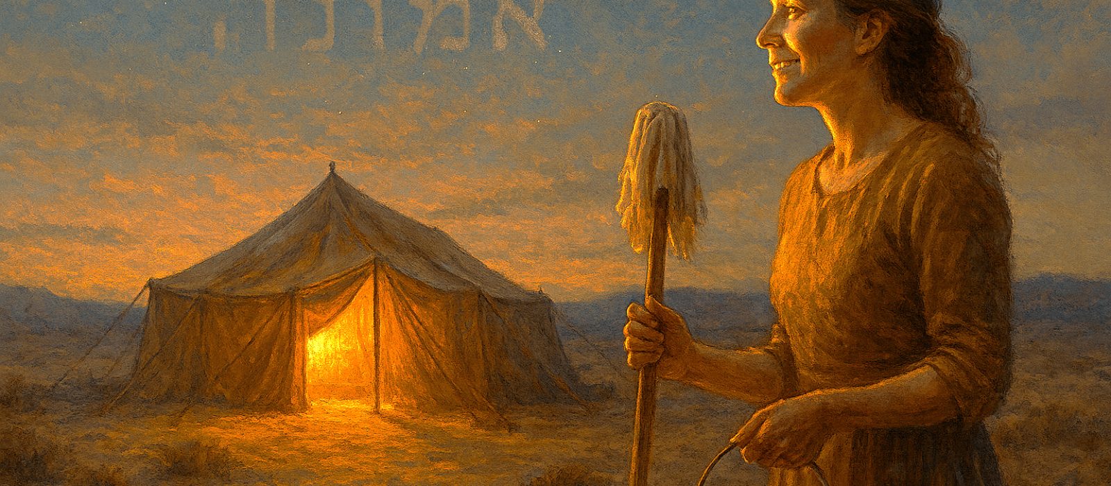 Woman with cleaning supplies standing before a glowing desert tent at dusk, light of God’s presence symbolizing healing from wounds and word curses.
