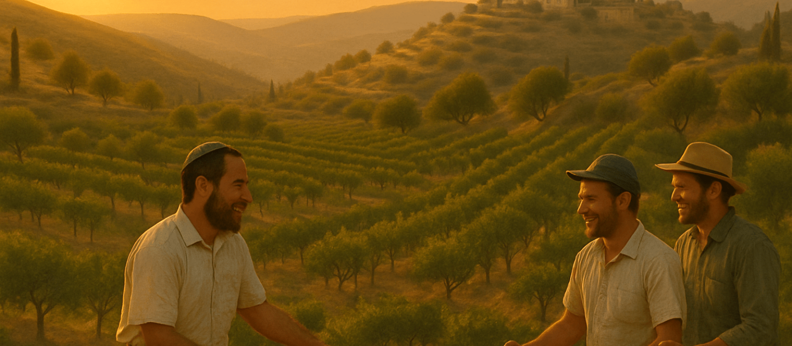 Jewish farmers and Christian volunteers harvesting grapes together on a Samarian hillside at sunset, with a distant Arab village on the horizon.