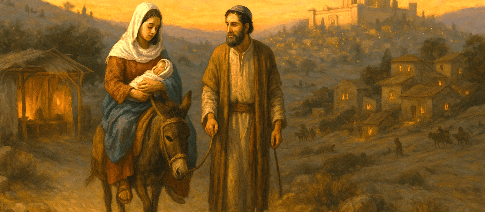 Joseph and Miriam with newborn Yeshua near Bethlehem during Sukkot, resting by a Sukkah with Jerusalem’s Temple glowing in the distance.