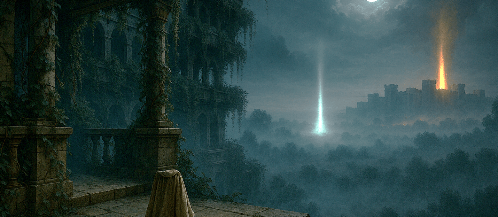 Moonlit Persian gardens and distant Babylon under silent fire in Cyrus’s prophetic dream.