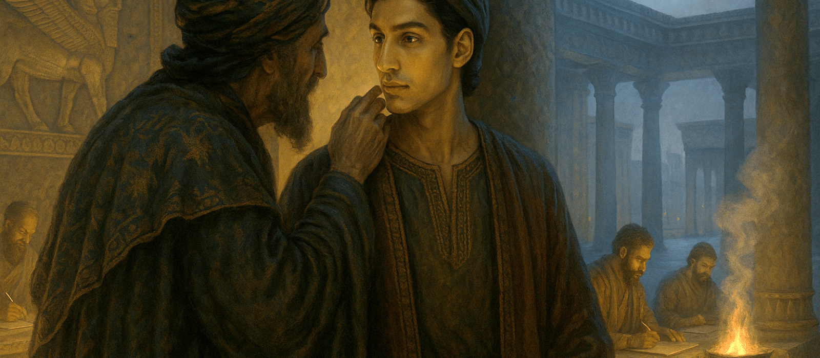 Agagite courtier mentors his ambitious son in a smoky Persian palace, plotting against returning Judeans after Cyrus’s decree.
