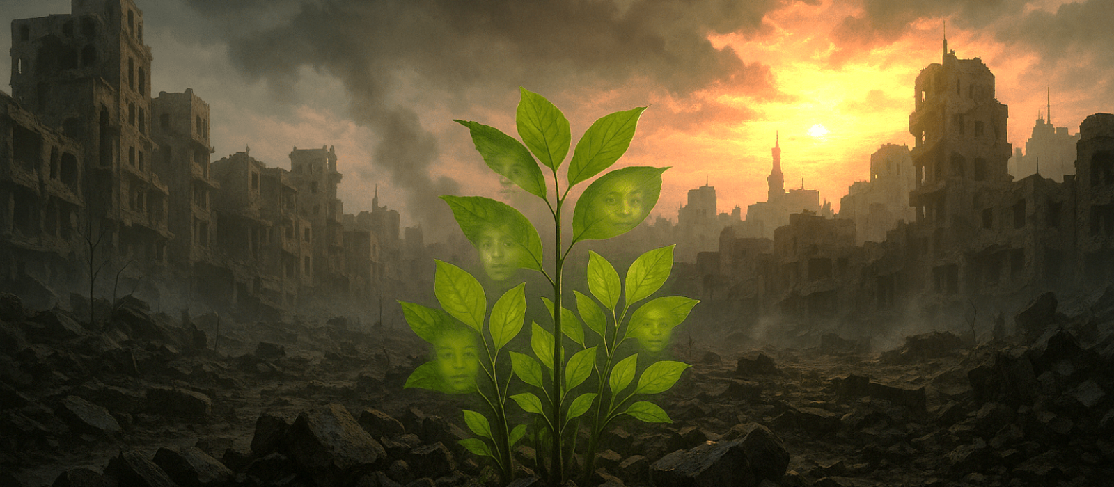 A small grove of green saplings rising from the rubble of a bombed Syrian city, with children’s faces faintly visible in the leaves, symbolizing “oaks of righteousness.”