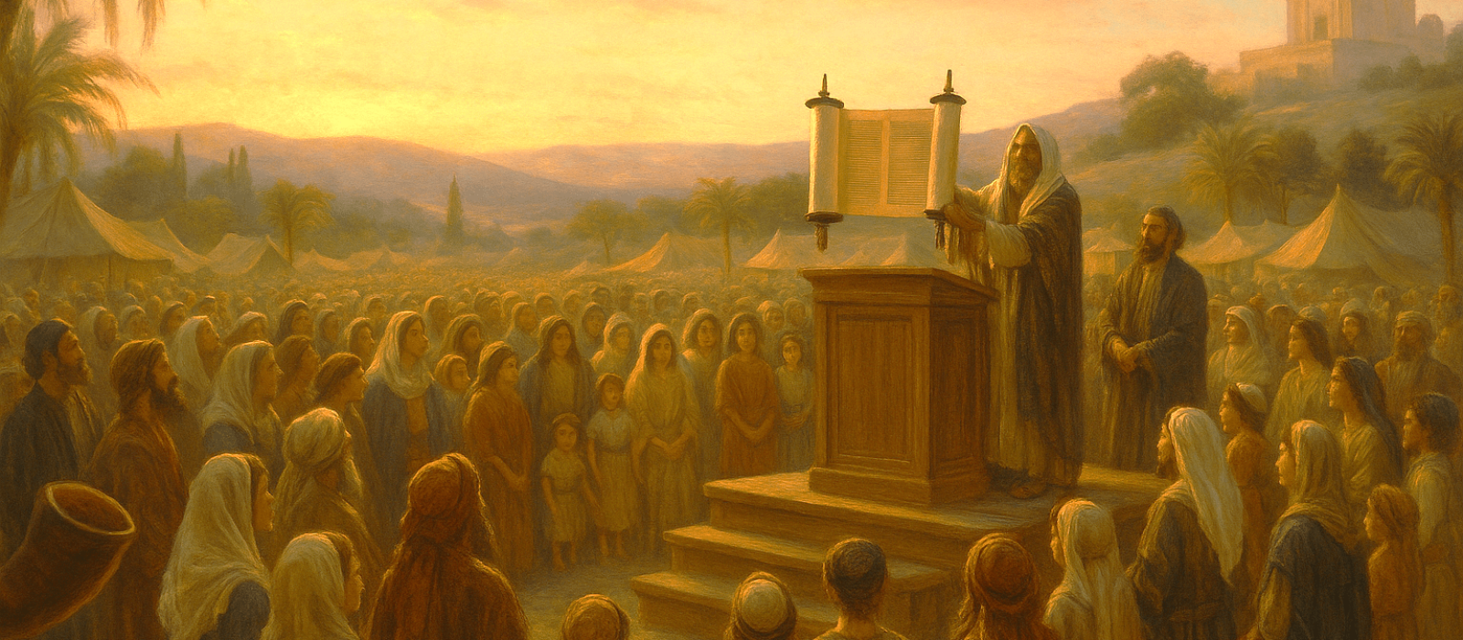 Ancient Israelites gathered at Hakhel in Jerusalem, listening to the Torah being read in golden evening light during Sukkot.