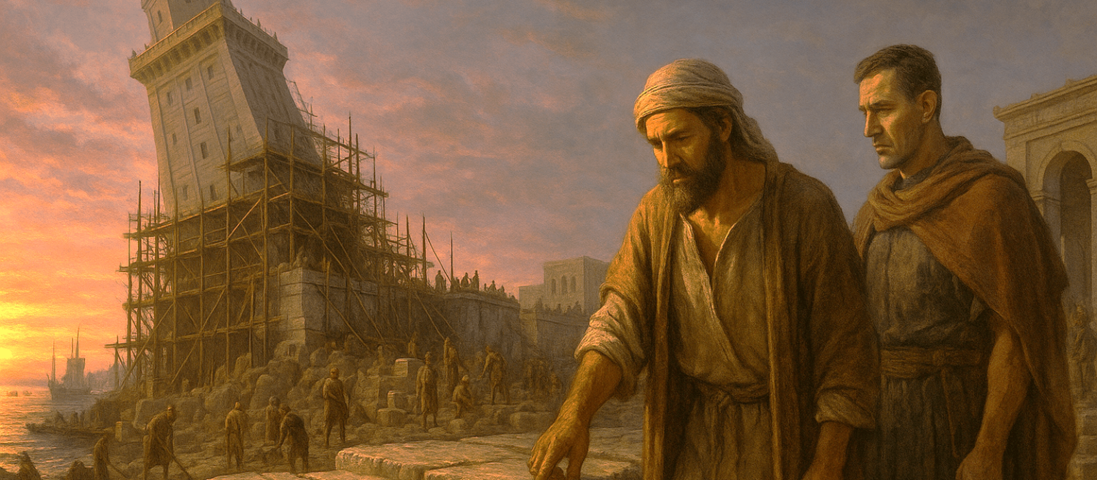 Joseph, a Jewish stonemason in Roman Alexandria, oversees repairs on the leaning Lighthouse of Pharos as the sun sets over the crowded harbor.