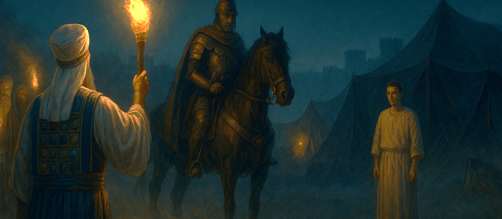 High Priest Jaddua meets Alexander by torchlight outside a quiet Macedonian camp as fog gathers and Jerusalem looms in the distance.