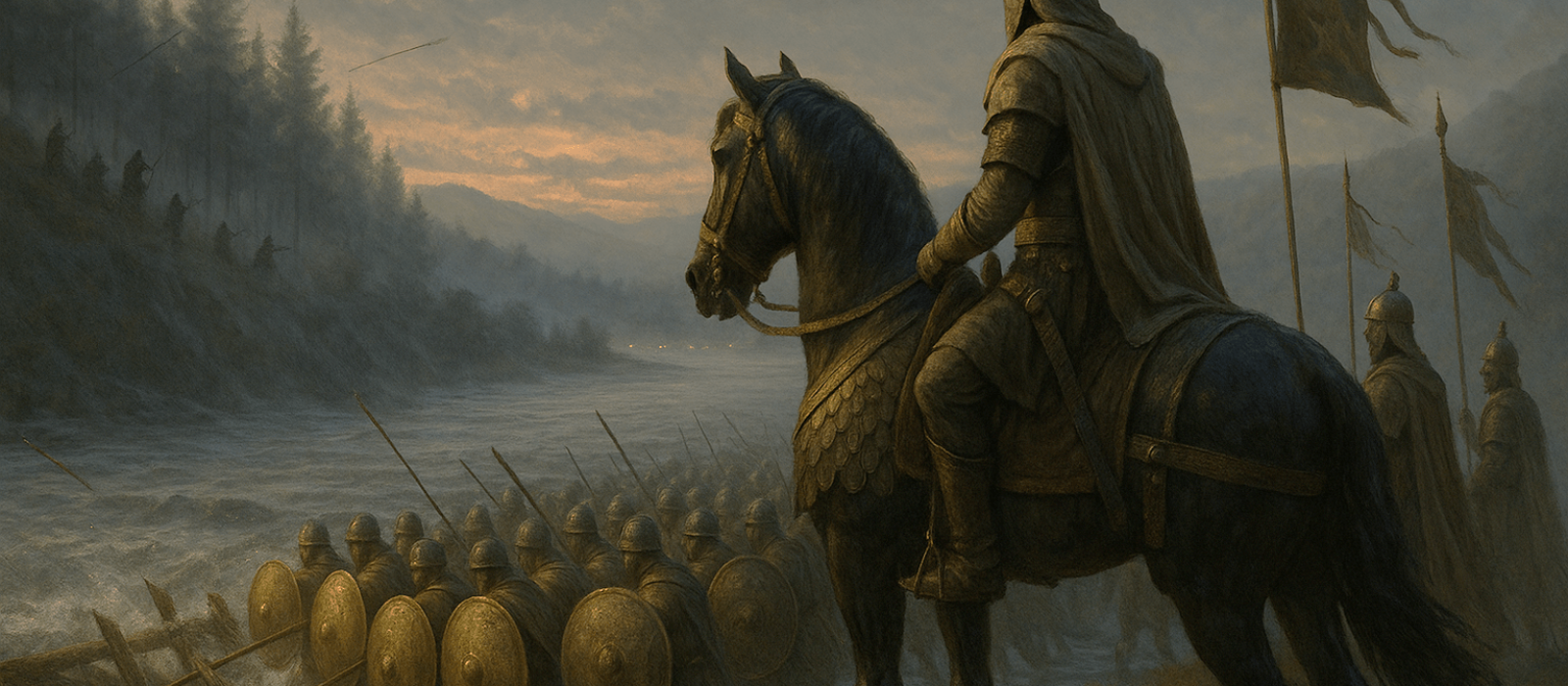 Darius on an armored horse watches a Greek phalanx force a river crossing as hidden archers loose arrows from forested bluffs.