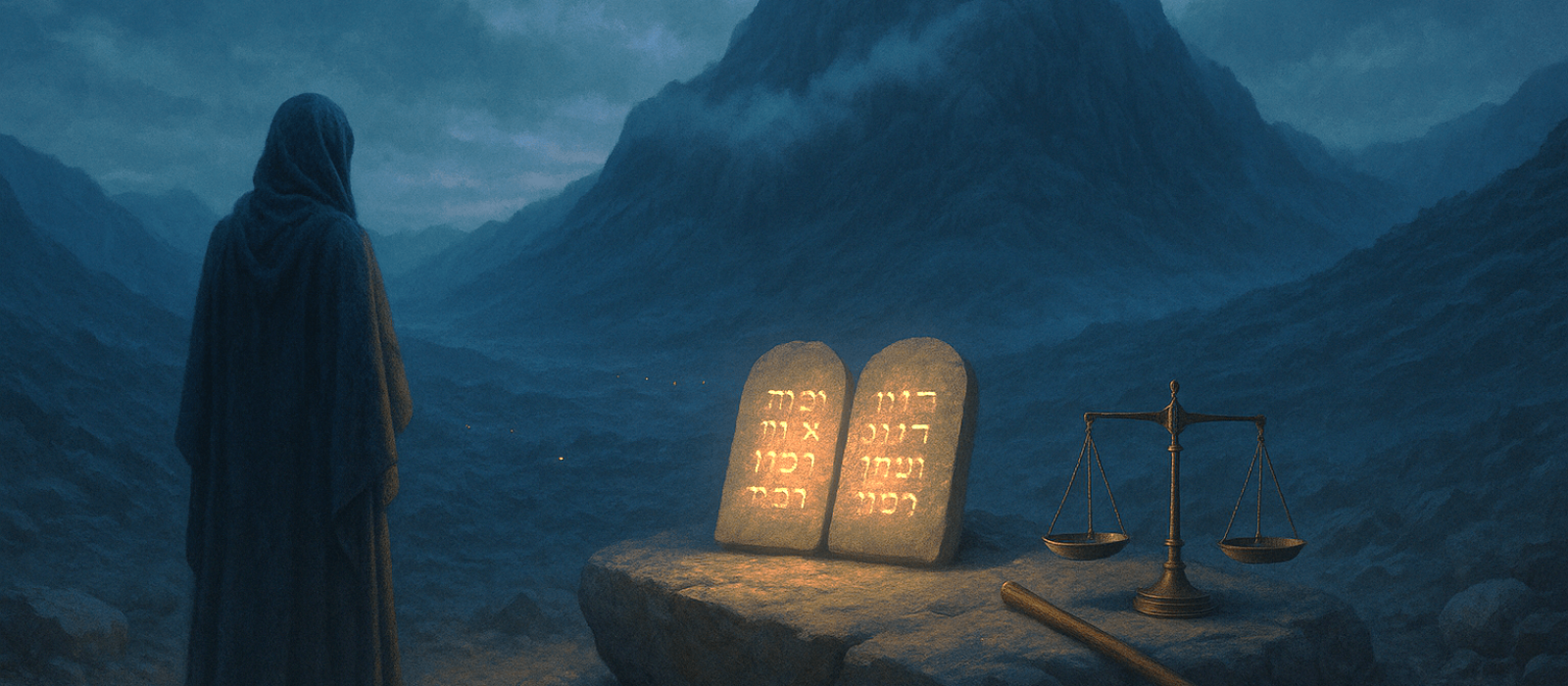 Sinai at twilight with glowing tablets and a balanced scale symbolizing Mishpatim’s call to justice and mercy.