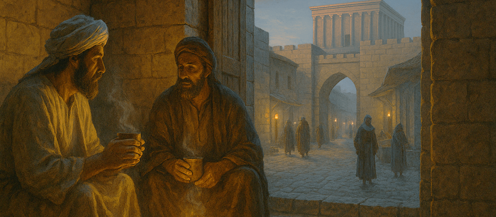 Ezra and Nehemiah share tea in a rebuilt Jerusalem, pondering a new Temple and a joyless people.