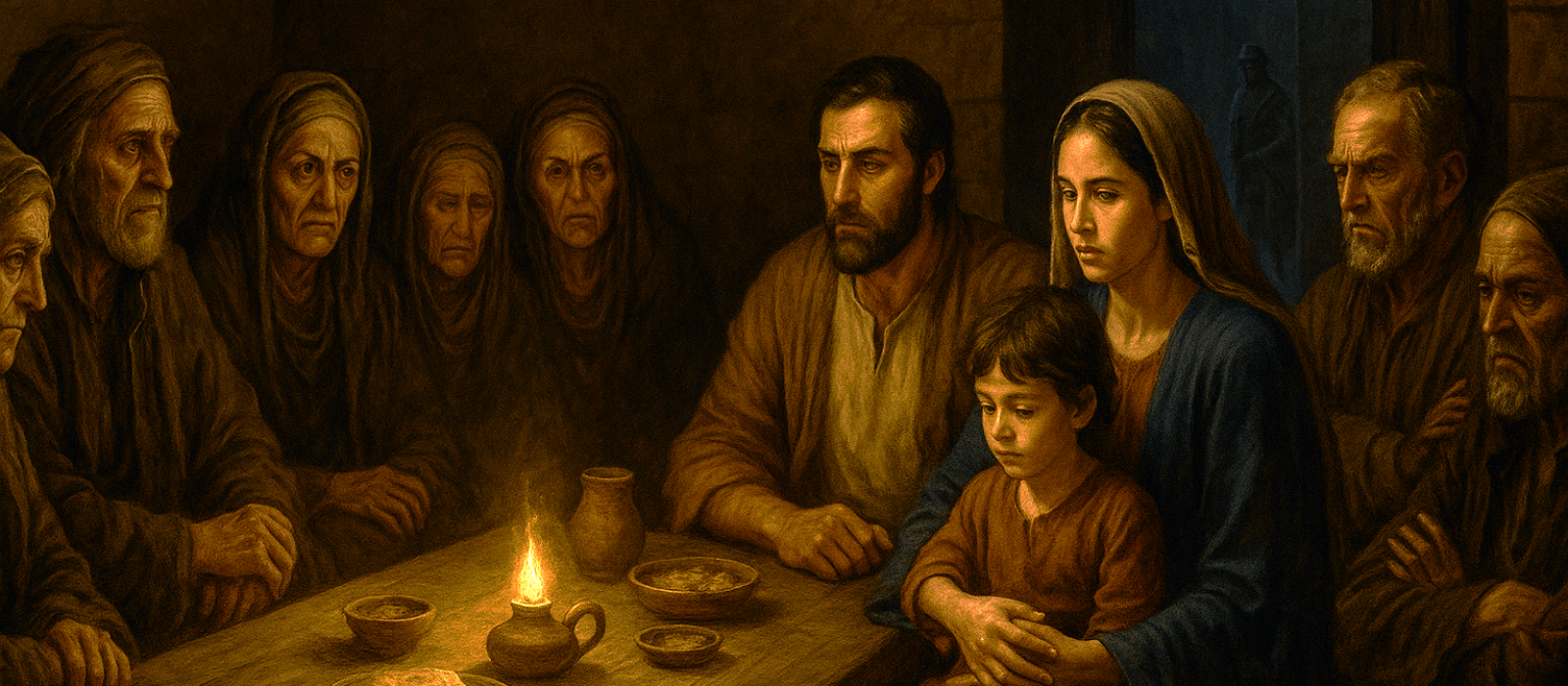 Joseph and Miriam return to Bethlehem with young Yeshua and face grieving relatives around a lamplit table, mourning children lost to Herod’s massacre.