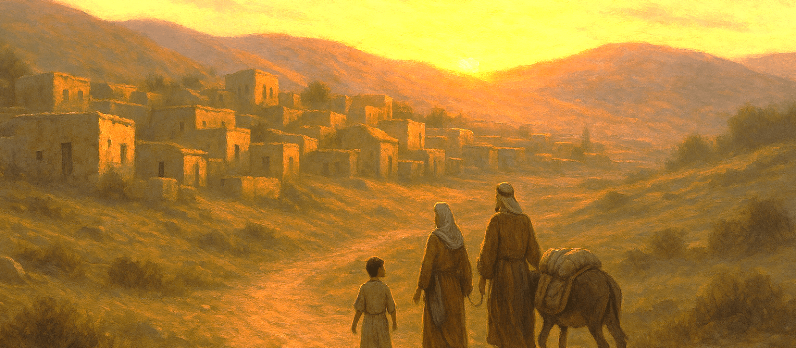 Family with young Yeshua walking toward the humble village of Nazareth at dawn, symbolizing hope and redemption in an overlooked town.