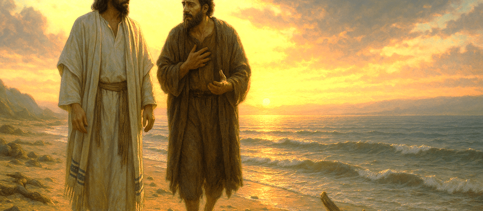 Yeshua and Peter walking along the Sea of Galilee at sunrise as Yeshua restores Peter and calls him to “feed my sheep.”