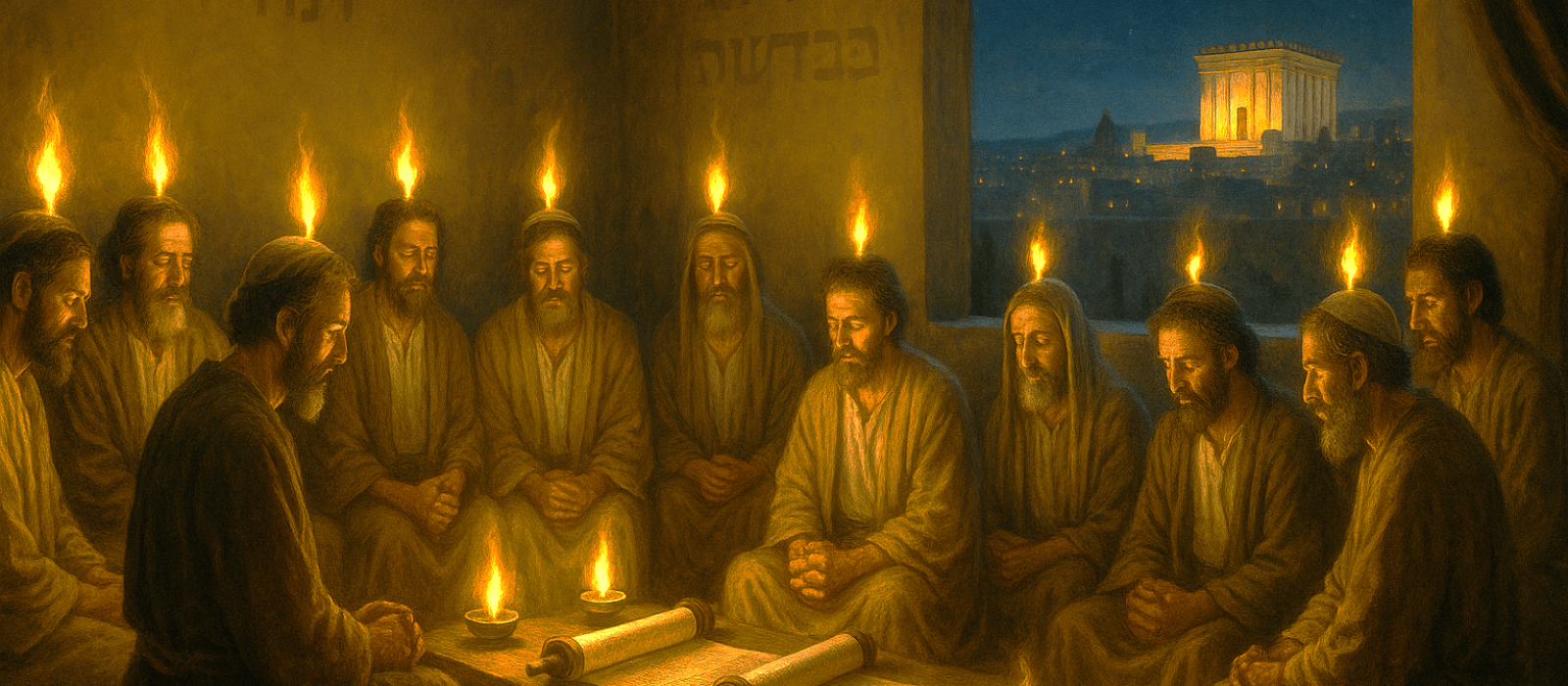 Disciples in an upper room on Shavuot with tongues of fire and open Torah scrolls.