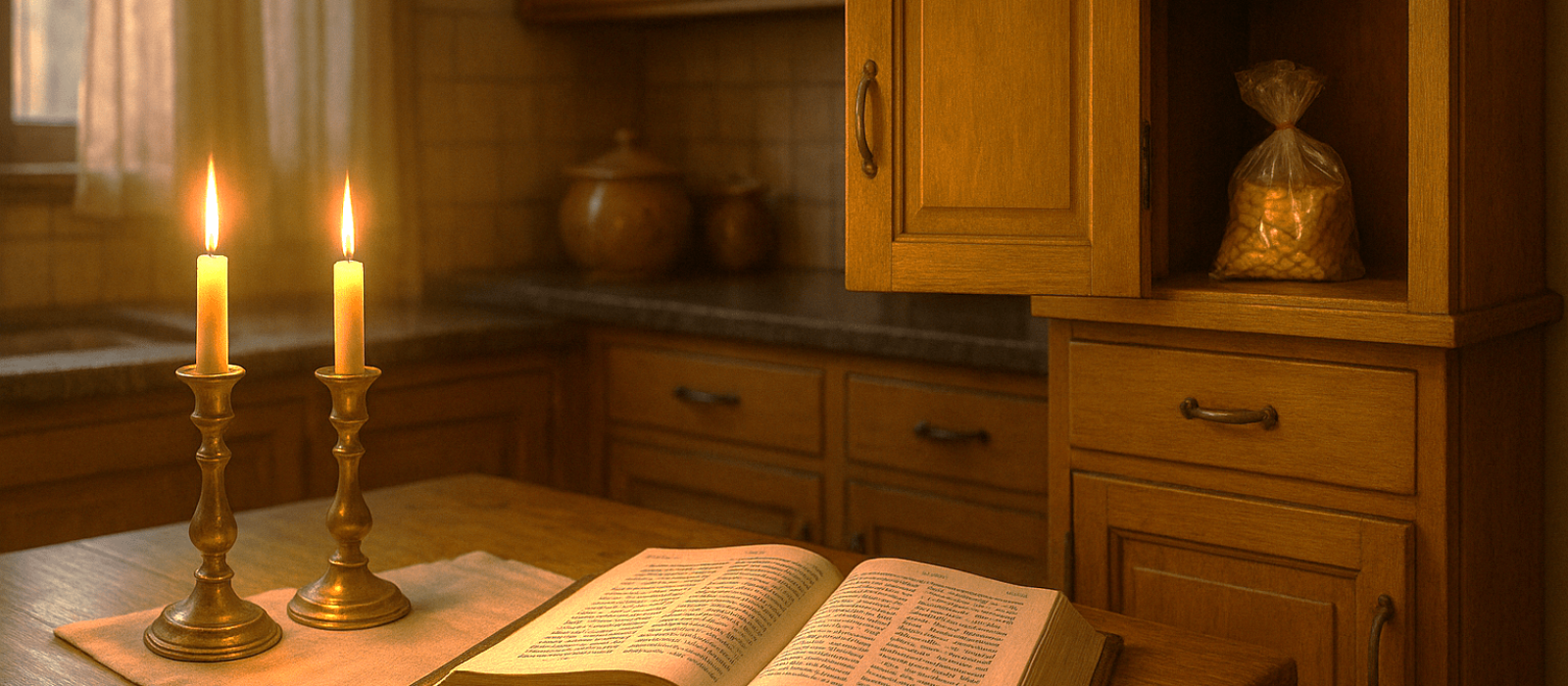 Woman’s Shabbat kitchen with an open cupboard revealing a forgotten bag of crackers beside candles and an open Hebrew Bible.