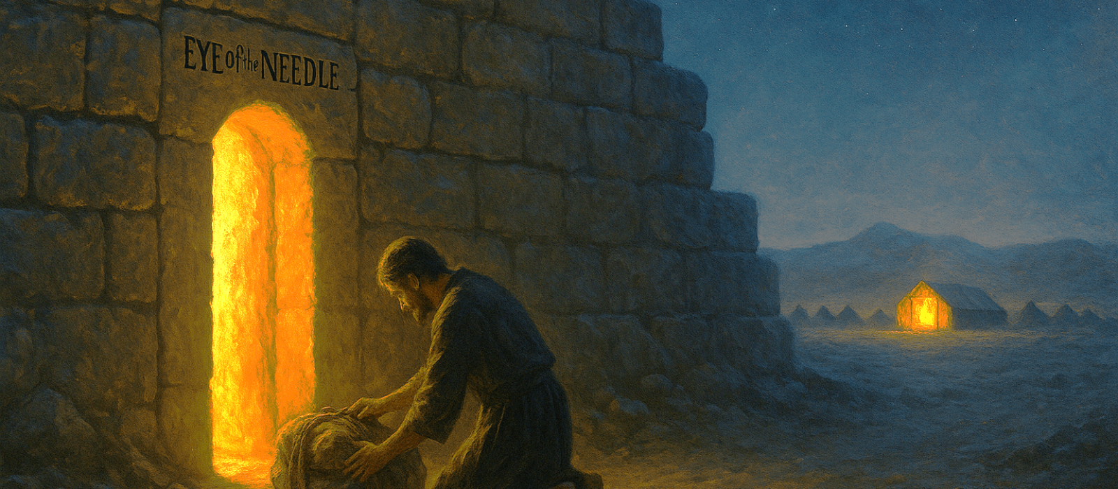 A kneeling worshiper lays down burdens before a small “Eye of the Needle” doorway glowing with warm light at twilight in the desert.