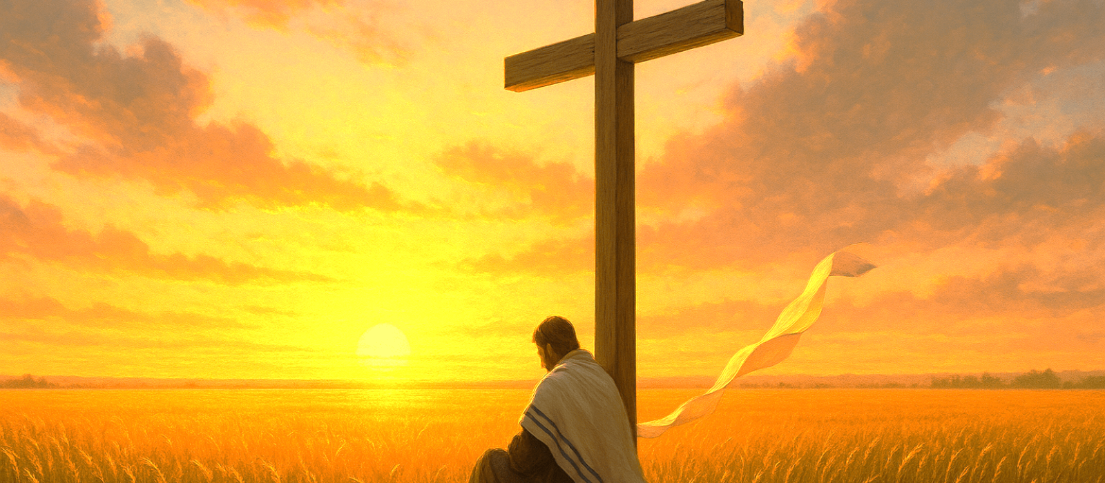 A person sits at the foot of a wooden cross in a golden wheat field at sunset, symbolizing Sabbath rest, surrender, and holiness.