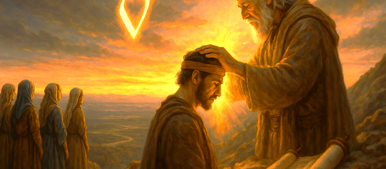 Messianic illustration of Moses commissioning Joshua on a mountain as a glowing Hebrew vav in the sky symbolizes Yeshua healing the broken connection between heaven and earth.