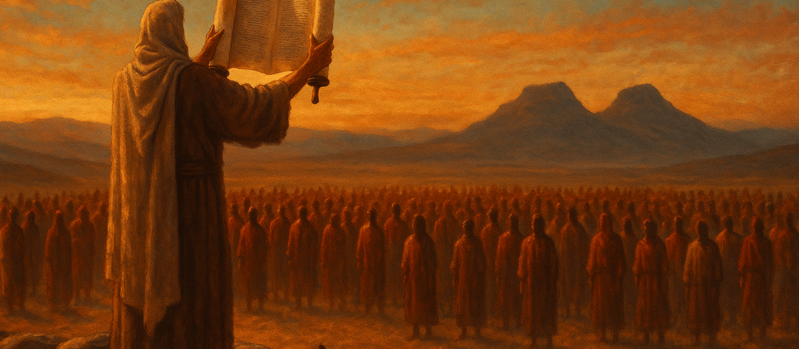 Moses presenting the covenant at twilight as Israel stands below, with Gerizim and Eival in the distance.